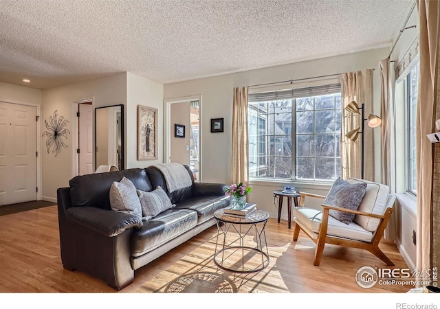 living room with a textured ceiling and light wood-type flooring