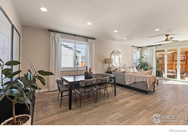 dining space with wood-type flooring and ceiling fan