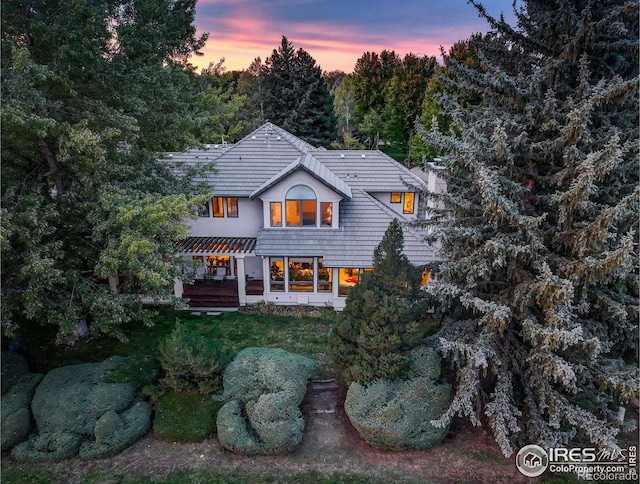 back house at dusk with a yard