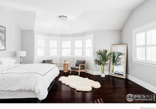 bedroom with wood-type flooring and vaulted ceiling