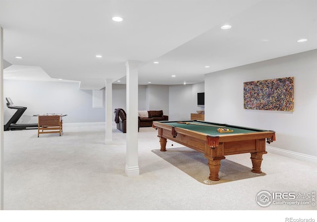game room with recessed lighting, carpet floors, baseboards, and billiards