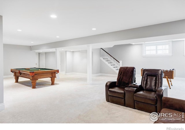 game room featuring recessed lighting, carpet floors, pool table, and baseboards