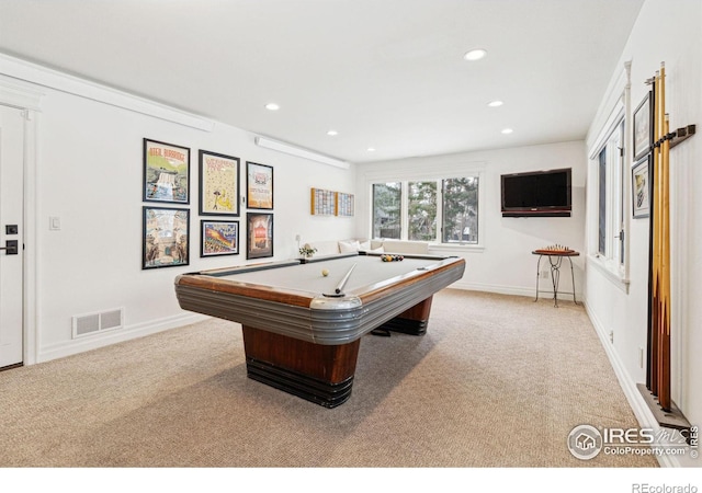 game room with billiards table, carpet, recessed lighting, and baseboards