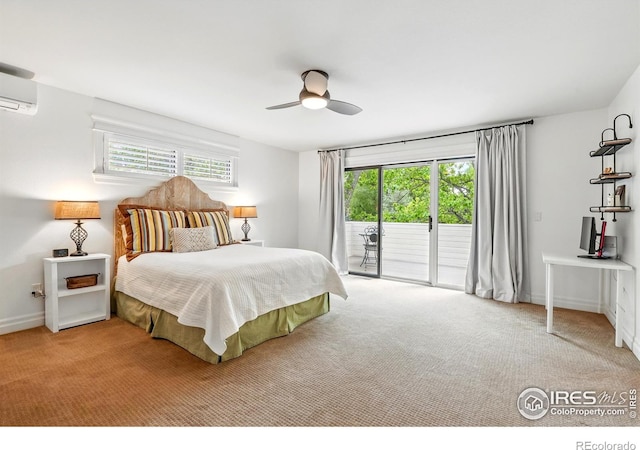 carpeted bedroom featuring access to exterior, an AC wall unit, a ceiling fan, and baseboards