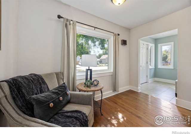 living area with a wealth of natural light and light wood-type flooring