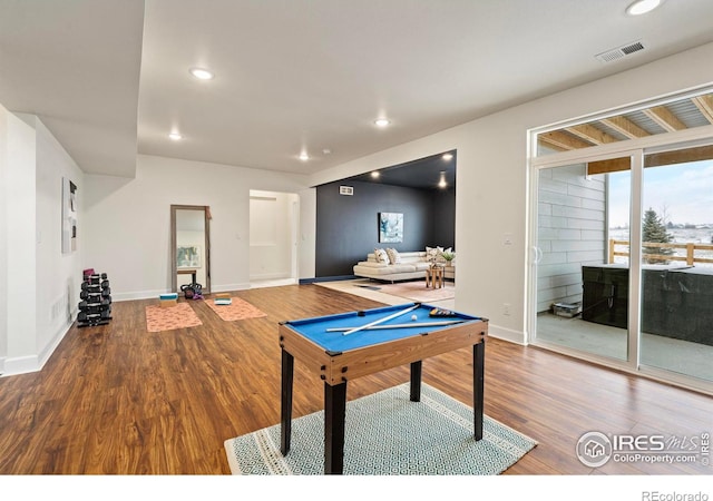 game room featuring billiards and hardwood / wood-style floors