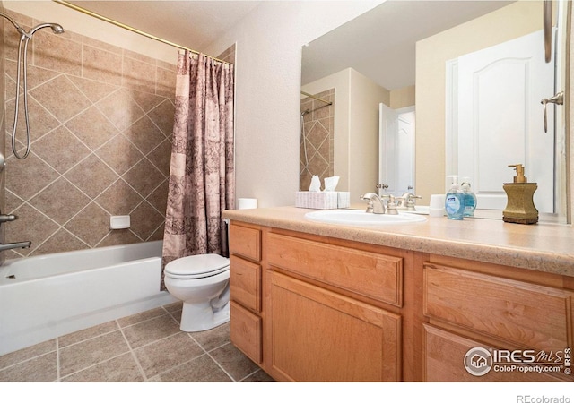 full bathroom featuring tile patterned flooring, vanity, shower / bath combination with curtain, and toilet