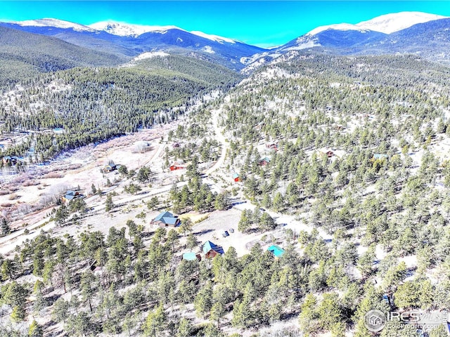 drone / aerial view with a mountain view and a view of trees