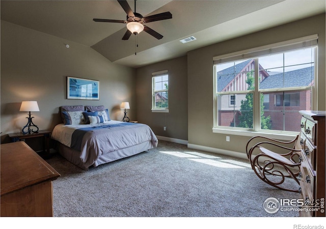 bedroom with lofted ceiling, carpet flooring, and ceiling fan