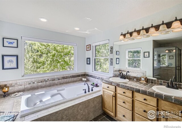 133 Eagle Canyon Cir, Lyons, CO 80540 - bathroom featuring vanity, tile patterned floors, and separate shower and tub