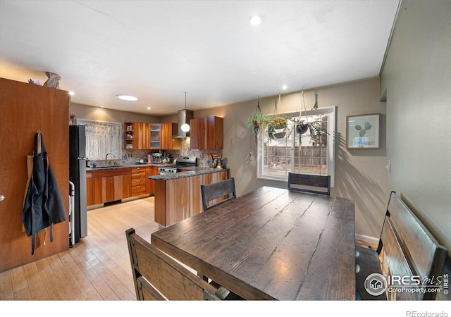 dining room featuring light hardwood / wood-style floors and sink