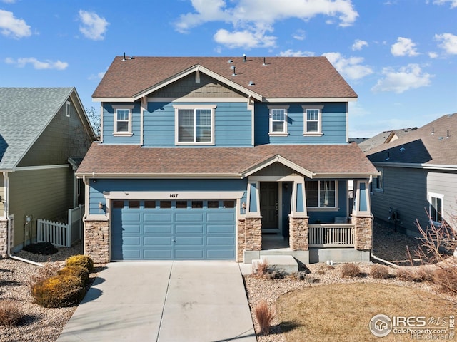 craftsman inspired home with a garage and a porch