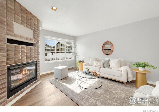 living room with hardwood / wood-style flooring and a fireplace