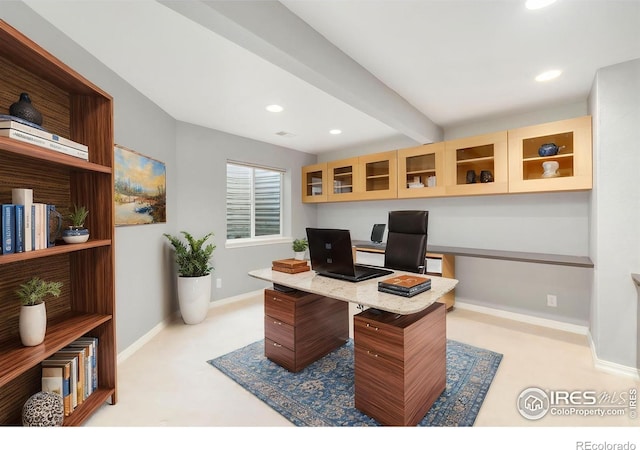 home office featuring baseboards, beam ceiling, and recessed lighting