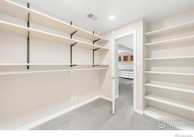 walk in closet with visible vents and carpet flooring