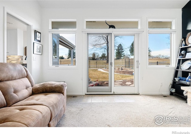 entryway featuring light colored carpet