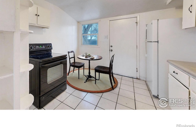 414 16th Avenue Ct, Greeley, CO 80631 - kitchen featuring electric range, freestanding refrigerator, white cabinetry, light countertops, and light tile patterned flooring
