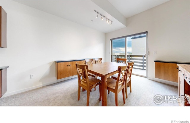 carpeted dining room with track lighting