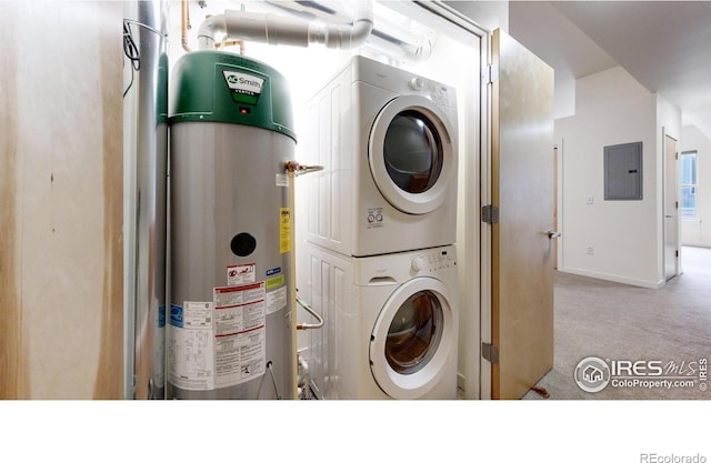 washroom with light colored carpet, stacked washer and clothes dryer, electric panel, and gas water heater