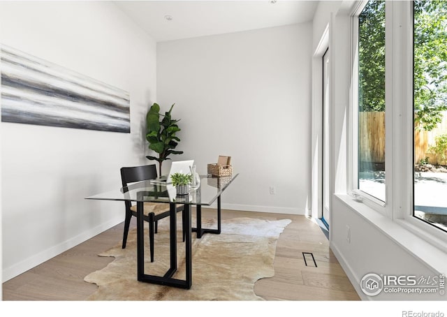 dining room with a wealth of natural light and light wood-type flooring