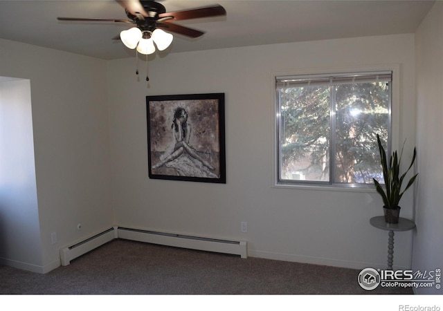 unfurnished room with ceiling fan, a baseboard radiator, and carpet floors