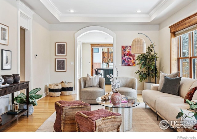 living room featuring crown molding, a tray ceiling, and light hardwood / wood-style flooring