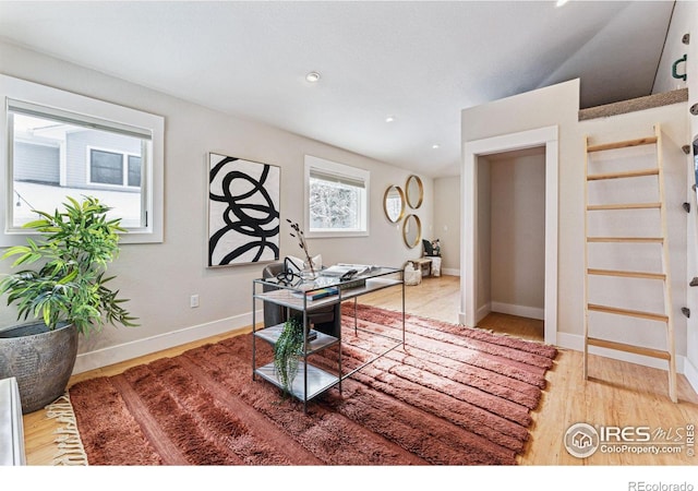 home office with wood-type flooring