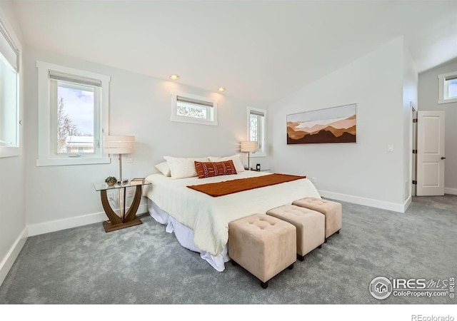 bedroom with multiple windows, vaulted ceiling, and carpet floors