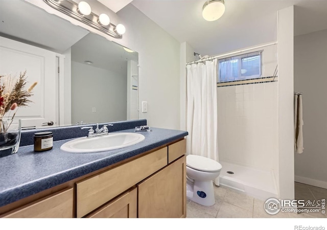 bathroom with tile patterned flooring, vanity, toilet, and walk in shower