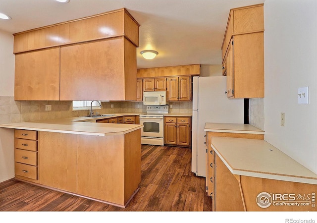 kitchen featuring sink, dark hardwood / wood-style flooring, decorative backsplash, kitchen peninsula, and white appliances