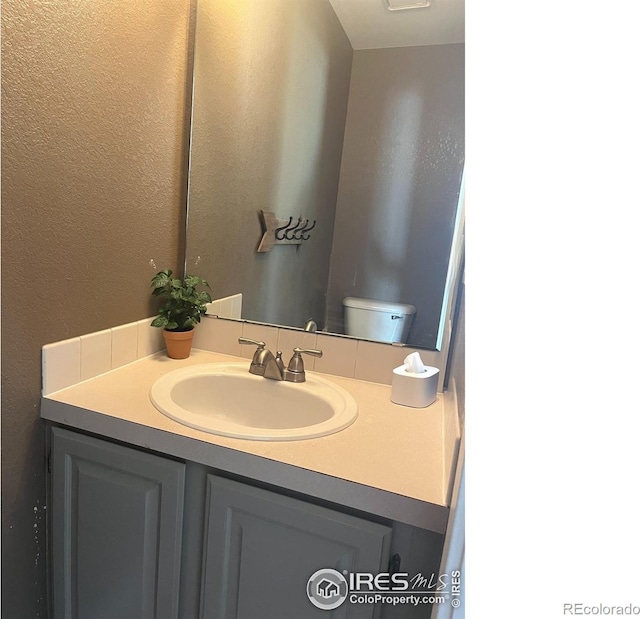 560 S 9th St, Berthoud, CO 80513 - bathroom featuring vanity, toilet, and a textured wall