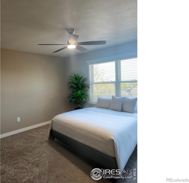 560 S 9th St, Berthoud, CO 80513 - carpeted bedroom featuring baseboards, ceiling fan, and a textured ceiling