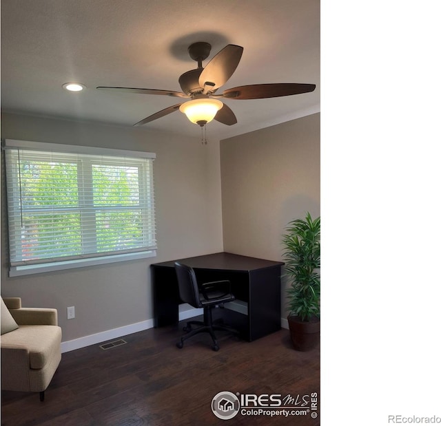 560 S 9th St, Berthoud, CO 80513 - office area featuring baseboards, ceiling fan, dark wood-style flooring, and recessed lighting