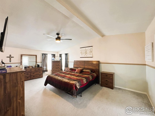 bedroom featuring ceiling fan, light colored carpet, and lofted ceiling with beams