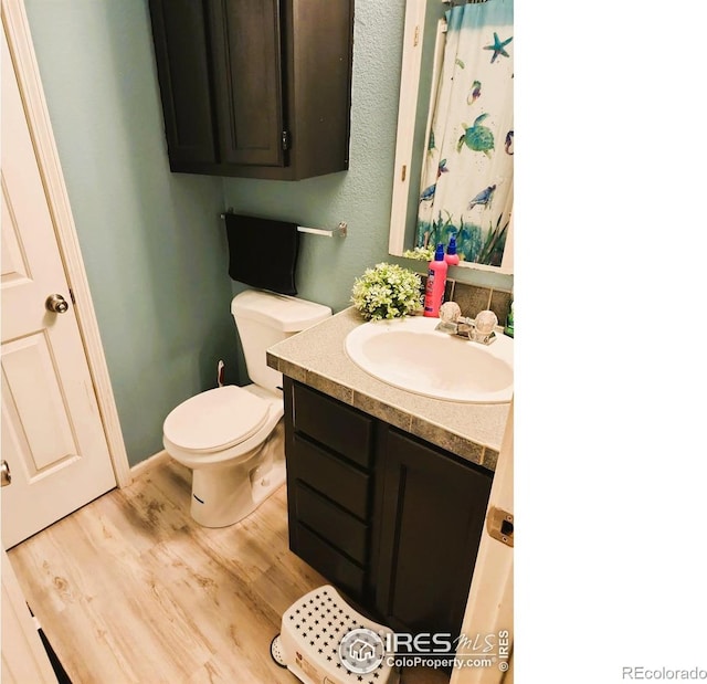 bathroom featuring hardwood / wood-style flooring, vanity, and toilet