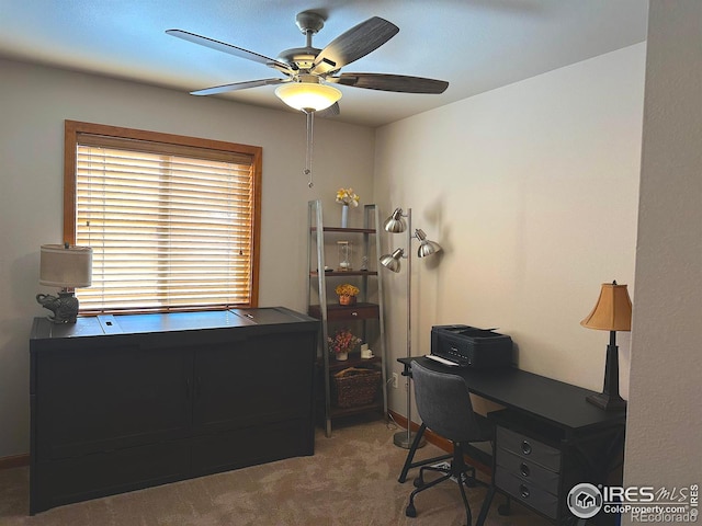 carpeted office space featuring ceiling fan