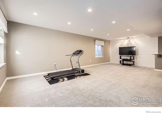 exercise room featuring light colored carpet