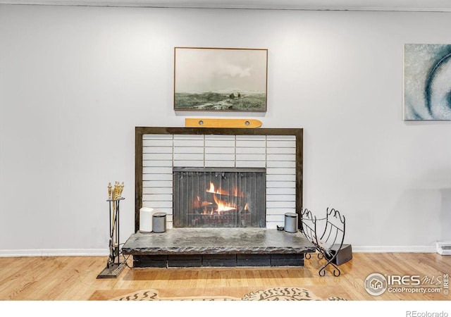 room details featuring hardwood / wood-style flooring and a fireplace