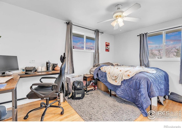 bedroom with hardwood / wood-style flooring and ceiling fan