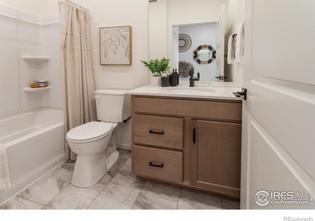 692 Galloway Dr, Johnstown, CO 80534 - bathroom featuring toilet, vanity, marble finish floors, and shower / bathtub combination with curtain