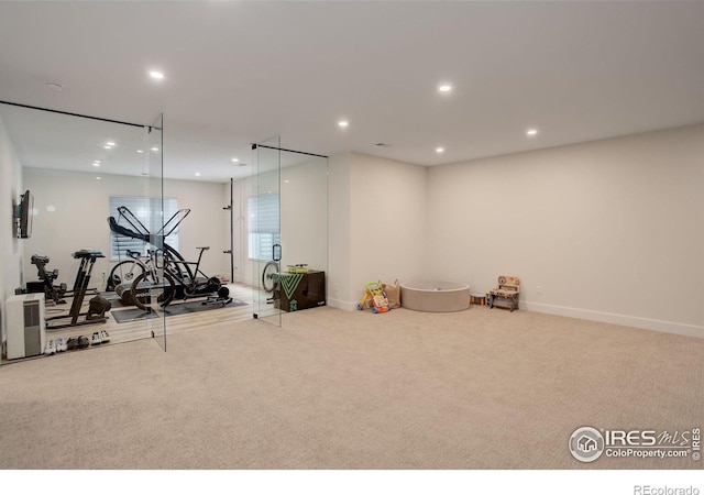 workout area featuring carpet