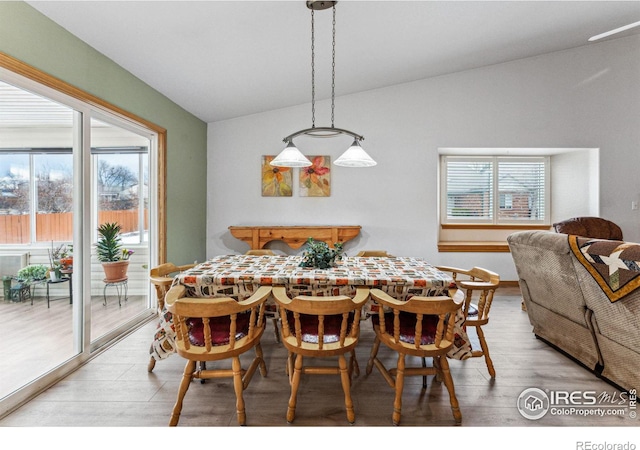 dining room with lofted ceiling, plenty of natural light, and light hardwood / wood-style flooring