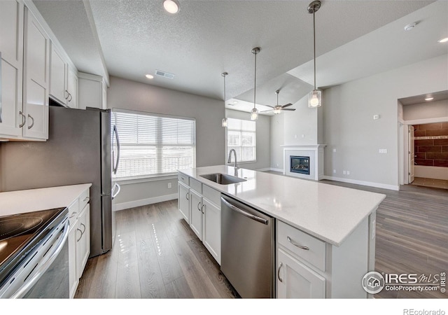 kitchen with sink, a center island with sink, white cabinetry, and stainless steel appliances