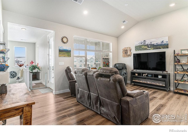 living room featuring lofted ceiling and hardwood / wood-style floors