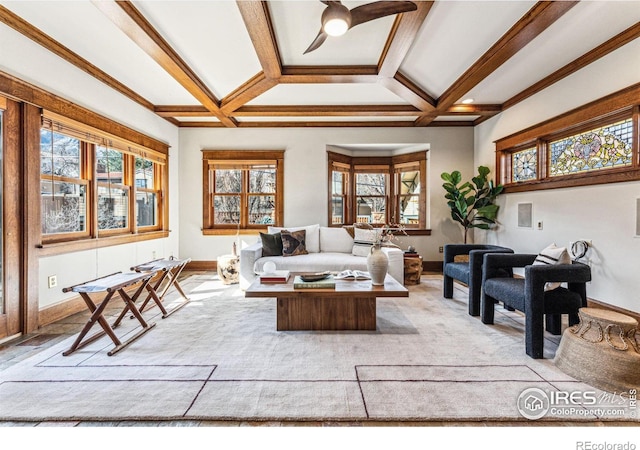 851 14th St, Boulder, CO 80302 - living room featuring baseboards, ceiling fan, beam ceiling, and coffered ceiling