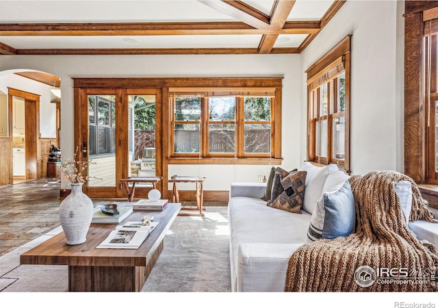 851 14th St, Boulder, CO 80302 - living area featuring arched walkways, beam ceiling, and coffered ceiling