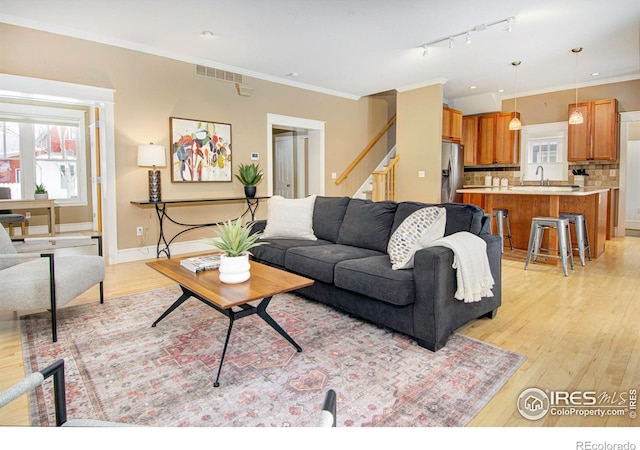 living room with light hardwood / wood-style flooring and crown molding