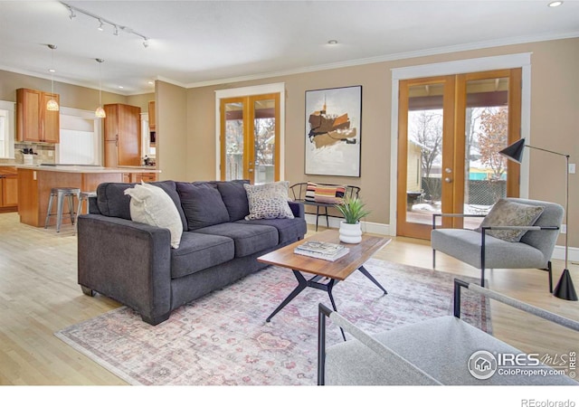 living room with light hardwood / wood-style flooring, french doors, rail lighting, and ornamental molding