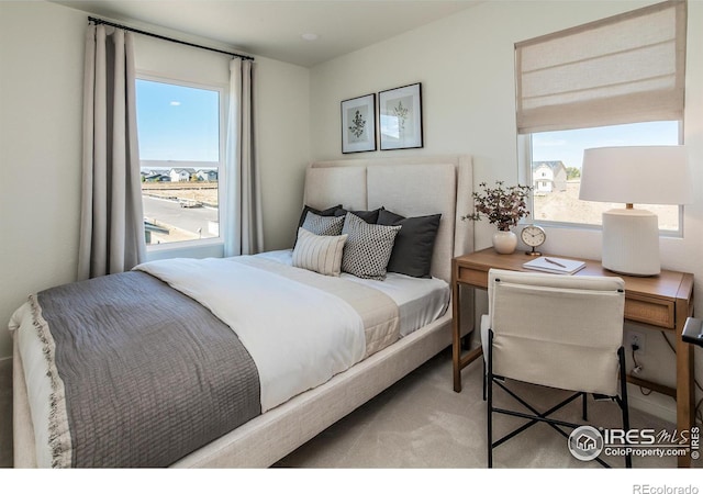 bedroom featuring light carpet and multiple windows