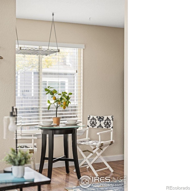 dining space with baseboards and wood finished floors